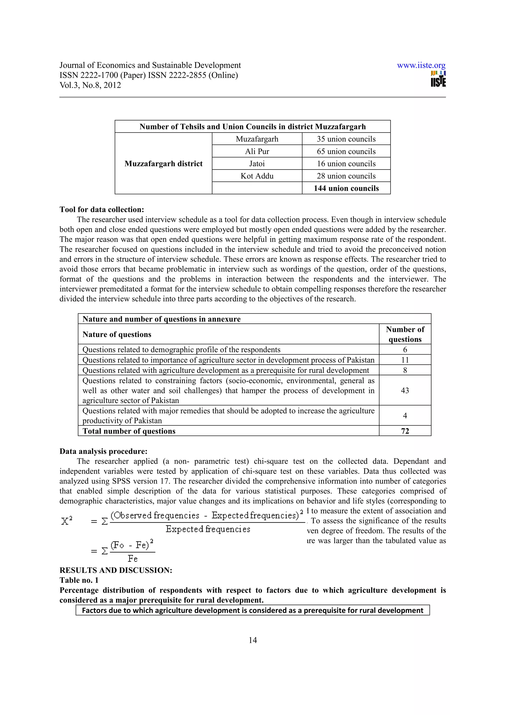 Journal of Economics and Sustainable Development                                                       www.iiste.org
ISSN 2222-1700 (Paper) ISSN 2222-2855 (Online)
Vol.3, No.8, 2012



                        Number of Tehsils and Union Councils in district Muzzafargarh
                                                 Muzafargarh             35 union councils
                                                        Ali Pur               65 union councils
                   Muzzafargarh district                 Jatoi                16 union councils
                                                       Kot Addu               28 union councils
                                                                             144 union councils

Tool for data collection:
     The researcher used interview schedule as a tool for data collection process. Even though in interview schedule
both open and close ended questions were employed but mostly open ended questions were added by the researcher.
The major reason was that open ended questions were helpful in getting maximum response rate of the respondent.
The researcher focused on questions included in the interview schedule and tried to avoid the preconceived notion
and errors in the structure of interview schedule. These errors are known as response effects. The researcher tried to
avoid those errors that became problematic in interview such as wordings of the question, order of the questions,
format of the questions and the problems in interaction between the respondents and the interviewer. The
interviewer premeditated a format for the interview schedule to obtain compelling responses therefore the researcher
divided the interview schedule into three parts according to the objectives of the research.

       Nature and number of questions in annexure
                                                                                                   Number of
       Nature of questions
                                                                                                   questions
       Questions related to demographic profile of the respondents                                     6
       Questions related to importance of agriculture sector in development process of Pakistan       11
       Questions related with agriculture development as a prerequisite for rural development          8
       Questions related to constraining factors (socio-economic, environmental, general as
       well as other water and soil challenges) that hamper the process of development in               43
       agriculture sector of Pakistan
       Questions related with major remedies that should be adopted to increase the agriculture
                                                                                                        4
       productivity of Pakistan
       Total number of questions                                                                        72

Data analysis procedure:
      The researcher applied (a non- parametric test) chi-square test on the collected data. Dependant and
independent variables were tested by application of chi-square test on these variables. Data thus collected was
analyzed using SPSS version 17. The researcher divided the comprehensive information into number of categories
that enabled simple description of the data for various statistical purposes. These categories comprised of
demographic characteristics, major value changes and its implications on behavior and life styles (corresponding to
restructuring of new social life). Chi-square and Gamma test were applied to measure the extent of association and
direction between study variables (independent and dependent variables). To assess the significance of the results
the calculated value of the chi-square was compared to the table of the given degree of freedom. The results of the
research were considered significant because calculated value of chi-square was larger than the tabulated value as
the values lies outside the critical region.

RESULTS AND DISCUSSION:
Table no. 1
Percentage distribution of respondents with respect to factors due to which agriculture development is
considered as a major prerequisite for rural development.
      Factors due to which agriculture development is considered as a prerequisite for rural development


                                                         14
 