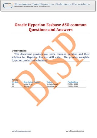 Oracle Hyperion Essbase ASO common
          Questions and Answers




Description:
  This document provides you some common question and their
solution for Hyperion Essbase ASO cube. We provide complete
Hyperion product suite training.




History:
Version     Description Change   Author           Publish Date
0.1         Initial Draft        Irshad Ahmad     25-May-2011
0.1         Review 1st           Amit Sharma      25-May-2011




www.hyperionguru.com                            www.bisptrainings.com
 