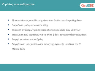  Εξ αποστάσεως εκπαίδευση μέσω των διαδικτυακών μαθημάτων
 Παράδοση μαθημάτων στην τάξη
 Υποβολή αναφορών για την πρόοδο της δουλειάς των μαθητών
 Διαχείριση των εργασιών για το σπίτι βάσει του χρονοδιαγραμματος
 Ενεργή επιτόπια υποστήριξη
 Διοργάνωση μιας εκδήλωσης εντός της σχολικής μονάδας την 9η
Μαίου 2020
Ο ρόλος των καθηγητών
 
