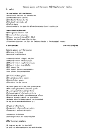 Section B: Electoral systems and referendums, UK parliamentary elections and voting behaviour in the UK, (choose one question from a choice of three)