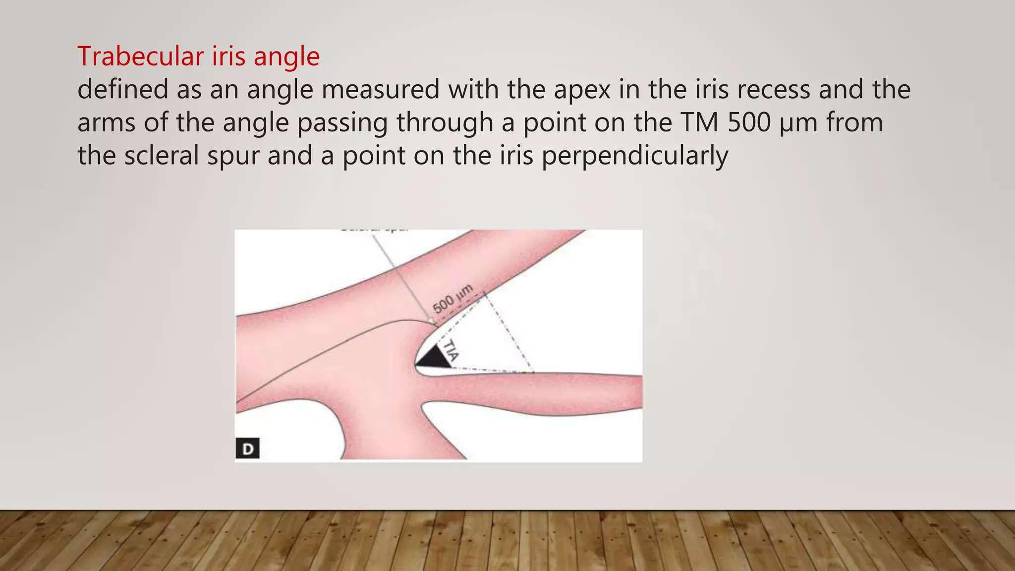 Trabecular iris angle
defined as an angle measured with the apex in the iris recess and the
arms of the angle passing through a point on the TM 500 µm from
the scleral spur and a point on the iris perpendicularly
 