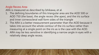 Angle Recess Area
ARA is measured as described by Ishikawa, et al.
1. The defining boundaries of this triangular area are the AOD 500 or
AOD 750 (the base), the angle recess (the apex), and the iris surface
and inner corneoscleral wall form sides of the triangle
2. The ARA is a better measurement parameter than the AOD because it
takes into account the whole contour of the iris surface rather than
measuring at a single point on the iris as is the case with the AOD.
3. ARA may be less sensitive in identifying a narrow angle in eyes with a
relatively deep angle recess.
 