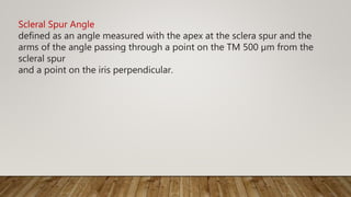 Scleral Spur Angle
defined as an angle measured with the apex at the sclera spur and the
arms of the angle passing through a point on the TM 500 µm from the
scleral spur
and a point on the iris perpendicular.
 