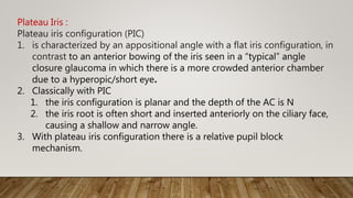 Plateau Iris :
Plateau iris configuration (PIC)
1. is characterized by an appositional angle with a flat iris configuration, in
contrast to an anterior bowing of the iris seen in a “typical” angle
closure glaucoma in which there is a more crowded anterior chamber
due to a hyperopic/short eye.
2. Classically with PIC
1. the iris configuration is planar and the depth of the AC is N
2. the iris root is often short and inserted anteriorly on the ciliary face,
causing a shallow and narrow angle.
3. With plateau iris configuration there is a relative pupil block
mechanism.
 