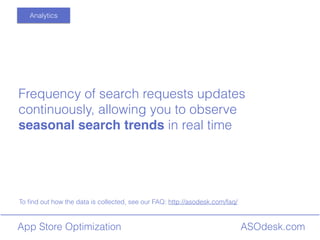ASOdesk.comApp Store Optimization
Analytics
Frequency of search requests updates
continuously, allowing you to observe
seasonal search trends in real time
To ?nd out how the data is collected, see our FAQ: http://asodesk.com/faq/
 