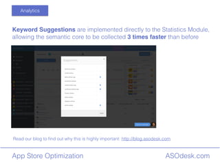 ASOdesk.comApp Store Optimization
Analytics
Keyword Suggestions are implemented directly to the Statistics Module,
allowing the semantic core to be collected 3 times faster than before
Read our blog to ?nd out why this is highly important: http://blog.asodesk.com
 