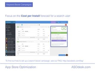 ASOdesk.comApp Store Optimization
Focus on the Cost per Install forecast for a search user
Keyword Boost Campaigns
To ?nd out how to set up a search boost campaign, see our FAQ: http://asodesk.com/faq/
 