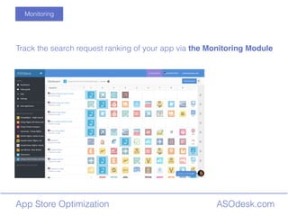 ASOdesk.comApp Store Optimization
Monitoring
Track the search request ranking of your app via the Monitoring Module
 
