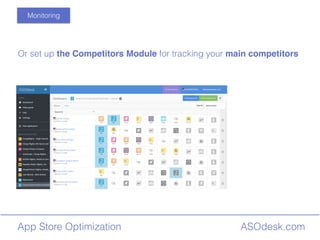 ASOdesk.comApp Store Optimization
Monitoring
Or set up the Competitors Module for tracking your main competitors
 