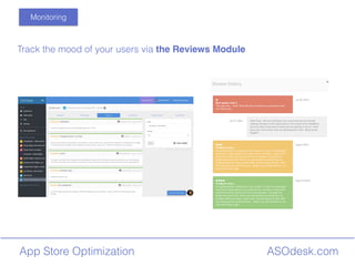ASOdesk.comApp Store Optimization
Monitoring
Track the mood of your users via the Reviews Module
 