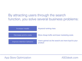 ASOdesk.comApp Store Optimization
By attracting users through the search
function, you solve several business problems:
Increase Installs
Decrease promo costs
Improve retention behavior
Keyword ranking rises
More cheap traf?c and lower marketing costs
Users gained via the search are more loyal to your
product
 