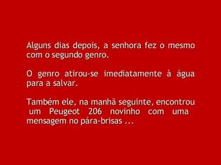 Alguns dias depois, a senhora fez o mesmo com o segundo genro. O genro atirou-se imediatamente à água para a salvar. Também ele, na manhã seguinte, encontrou  um Peugeot 206 novinho com uma mensagem no pára-brisas ... 