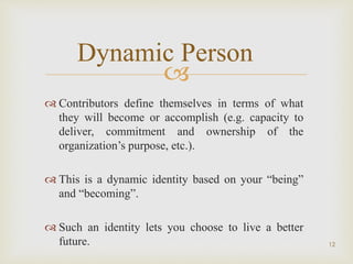 
12
Dynamic Person
 Contributors define themselves in terms of what
they will become or accomplish (e.g. capacity to
deliver, commitment and ownership of the
organization’s purpose, etc.).
 This is a dynamic identity based on your “being”
and “becoming”.
 Such an identity lets you choose to live a better
future.
 
