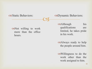 
18
Static Behaviors:
Not willing to work
more than the office
hours.
Dynamic Behaviors:
Although his
qualifications are
limited, he takes pride
in his work.
Always ready to help
the people around him.
Willingness to do the
work other than the
work assigned to him.
 