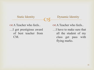 
Static Identity
 A Teacher who feels..
…I got prestigious award
of best teacher from
CM.
Dynamic Identity
 A Teacher who feels..
…I have to make sure that
all the student of my
class get pass with
flying marks.
26
 