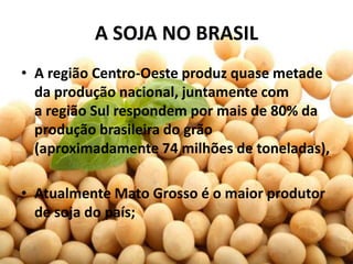 A SOJA NO BRASIL
• A região Centro-Oeste produz quase metade
  da produção nacional, juntamente com
  a região Sul respondem por mais de 80% da
  produção brasileira do grão
  (aproximadamente 74 milhões de toneladas),

• Atualmente Mato Grosso é o maior produtor
  de soja do país;
 