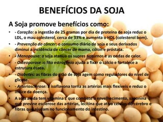 BENEFÍCIOS DA SOJA
A Soja promove benefícios como:
• - Coração: a ingestão de 25 gramas por dia de proteína de soja reduz o
  LDL, o mau colesterol, cerca de 33% e aumenta o HDL (colesterol bom).
• - Prevenção do câncer: o consumo diário de soja e seus derivados
  diminui a incidência de câncer de mama, cólon e próstata.
• - Menopausa: a soja atenua os suores noturnos e as ondas de calor.
• - Osteoporose :o fito estrogênio ajuda a fixar o cálcio e fortalece a
  estrutura óssea.
• - Diabetes: as fibras do grão de soja agem como reguladores do nível de
  glicose.
• - Arteriosclerose: a isoflavona torna as artérias mais flexíveis e reduz o
  índice da doença.
• A soja ainda tem vitamina E que combate o envelhecimento, saponina
  que previne esclerose das artérias, lecitina que ativa células do cérebro e
  fibras que ajudam no funcionamento do intestino.
 