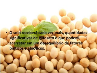• O solo receberá cada vez mais, quantidades
  significativas de glifosato o que poderá,
  acarretar em um desequilíbrio de fatores
  bióticos e abióticos.
 