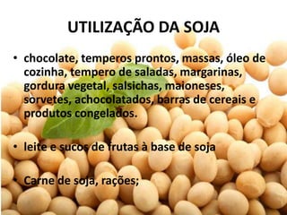UTILIZAÇÃO DA SOJA
• chocolate, temperos prontos, massas, óleo de
  cozinha, tempero de saladas, margarinas,
  gordura vegetal, salsichas, maioneses,
  sorvetes, achocolatados, barras de cereais e
  produtos congelados.

• leite e sucos de frutas à base de soja

• Carne de soja, rações;
 