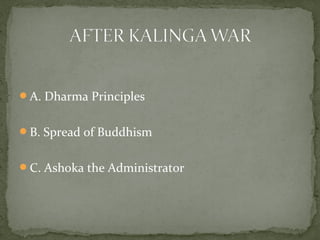 A. Dharma Principles
B. Spread of Buddhism
C. Ashoka the Administrator
 