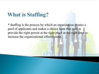 * Staffing is the process by which an organization creates a
pool of applicants and makes a choice from that pool to
provide the right person at the right place at the right time to
increase the organizational effectiveness.




                                                                   2
 