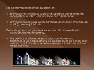 Los diagramas geométricos pueden ser:
 proyecciones cilíndricas sobre una superficie plana horizontal
(ortográfica) o sobre una superficie curva (cilíndrica).
 proyecciones cónicas, estereográficas, gnomónica (método de
varilla), polar equidistante.
De los diagramas no geométricos, el más utilizado es el de las
coordenadas rectangulares.
 Las gráficas auxiliares del paso solar constituyen una
herramienta útil para el diseño de los elementos de control solar
y determinar la incidencia de los rayos del sol en las superficies
de los edificios.
 