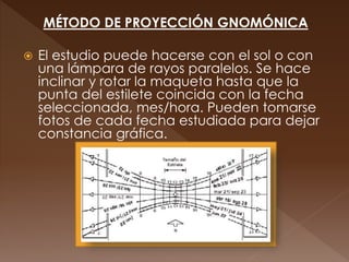 MÉTODO DE PROYECCIÓN GNOMÓNICA
 El estudio puede hacerse con el sol o con
una lámpara de rayos paralelos. Se hace
inclinar y rotar la maqueta hasta que la
punta del estilete coincida con la fecha
seleccionada, mes/hora. Pueden tomarse
fotos de cada fecha estudiada para dejar
constancia gráfica.
 