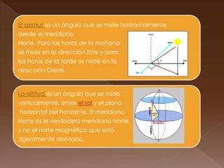 El azimut es un ángulo que se mide horizontalmente
desde el meridiano
Norte. Para las horas de la mañana
se mide en la dirección Este y para
las horas de la tarde se mide en la
dirección Oeste.
La altitud es un ángulo que se mide
verticalmente, entre el sol y el plano
horizontal del horizonte. El meridiano
Norte es el verdadero meridiano Norte,
y no el norte magnético que está
ligeramente desviado.
 
