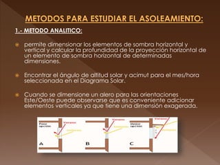 1.- METODO ANALITICO:
 permite dimensionar los elementos de sombra horizontal y
vertical y calcular la profundidad de la proyección horizontal de
un elemento de sombra horizontal de determinadas
dimensiones.
 Encontrar el ángulo de altitud solar y acimut para el mes/hora
seleccionada en el Diagrama Solar.
 Cuando se dimensione un alero para las orientaciones
Este/Oeste puede observarse que es conveniente adicionar
elementos verticales ya que tiene una dimensión exagerada.
 