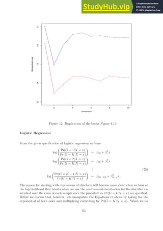 2 4 6 8 10
0.3
0.4
0.5
0.6
0.7
Dimension
Misclassification
rate
Figure 12: Duplication of the books Figure 4.10.
Logistic Regression
From the given specification of logistic regression we have
log

Pr(G = 1|X = x)
Pr(G = K|X = x)

= β10 + βT
1 x
log

Pr(G = 2|X = x)
Pr(G = K|X = x)

= β20 + βT
2 x
.
.
. (75)
log

Pr(G = K − 1|X = x)
Pr(G = K|X = x)

= β(K−1)0 + βT
K−1x .
The reason for starting with expressions of this form will become more clear when we look at
the log-likelihood that results when we use the multinomial distribution for the distribution
satisfied over the class of each sample once the probabilities Pr(G = k|X = x) are specified.
Before we discuss that, however, lets manipulate the Equations 75 above by taking the the
exponential of both sides and multiplying everything by Pr(G = K|X = x). When we do
63
 