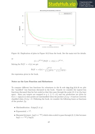 0 100 200 300 400
0.0
0.1
0.2
0.3
0.4
Boosting Probability of Error
number of boosting iterations
cl
a
ssi
f
i
c
ati
o
n
error
training error
testing error
Figure 16: Duplication of plots in Figure 10.2 from the book. See the main text for details.
or
(1 + e2f∗(x)
) Pr(Y = +1|x) = e2f∗(x)
.
Solving for Pr(Y = +1|x) we get
Pr(Y = +1|x) =
e2f∗(x)
1 + e2f∗(x)
=
1
1 + e−2f∗(x)
,
the expression given in the book.
Notes on the Loss Function and Robustness
To compare different loss functions for robustness in the R code dup fig 10 4.R we plot
the “modified” loss functions discussed in the book. Namely we consider the typical loss
functions discussed thus far but scaled so that they pass through the point (0, 1) in (fy, loss)
space. Since our targets are mapped to y ∈ {−1, +1} and our predictions are given by
G(x) = sign(f(x)) data points are misclassified when the product f(x)y  0 and are correctly
classified when f(x)y  0. Following the book, we consider the following losses as functions
of the product fy:
• Misclassification: I(sign(f) 6= y).
• Exponential: e−yf
.
• Binomial deviance: log(1+e−2yf
) which when scaled to pass through (0, 1) this becomes
log(1 + e−2yf
)/ log(2).
87
 