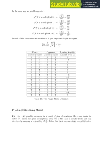In the same way we would compute
P(N is a multiple of 5) =
⌊103
5
⌋
103
=
200
103
P(N is a multiple of 7) =
⌊103
7
⌋
103
=
142
103
P(N is a multiple of 15) =
⌊103
15
⌋
103
=
66
103
P(N is a multiple of 105) =
⌊103
105
⌋
103
=
9
103
.
In each of the above cases we see that as k gets larger and larger we expect
lim
k→∞
1
10k

10k
N

=
1
N
.
Player Opponent Random Variable
Guesses Shows Guesses Shows Amount Won: X
1 1 1 1 0
1 1 1 2 −3
1 1 2 1 2
1 1 2 2 0
1 2 1 1 3
1 2 1 2 0
1 2 2 1 0
1 2 2 2 −4
2 1 1 1 −2
2 1 1 2 0
2 1 2 1 0
2 1 2 2 3
2 2 1 1 0
2 2 1 2 4
2 2 2 1 −3
2 2 2 2 0
Table 17: Two-Finger Morra Outcomes
Problem 12 (two-finger Morra)
Part (a): All possible outcomes for a round of play of two-finger Morra are shown in
Table 17. Under the given assumptions, each row of the table is equally likely and can
therefore be assigned a probability of 1
16
. Using that table the associated probabilities for
 