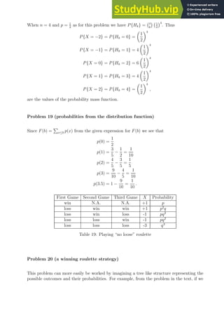 When n = 4 and p = 1
2
as for this problem we have P{Hk} = 4
k
 1
2
4
. Thus
P{X = −2} = P{Hk = 0} =

1
2
4
P{X = −1} = P{Hk = 1} = 4

1
2
4
P{X = 0} = P{Hk = 2} = 6

1
2
4
P{X = 1} = P{Hk = 3} = 4

1
2
4
P{X = 2} = P{Hk = 4} =

1
2
4
,
are the values of the probability mass function.
Problem 19 (probabilities from the distribution function)
Since F(b) =
P
x≤b p(x) from the given expression for F(b) we see that
p(0) =
1
2
p(1) =
3
5
−
1
2
=
1
10
p(2) =
4
5
−
3
5
=
1
5
p(3) =
9
10
−
4
5
=
1
10
p(3.5) = 1 −
9
10
=
1
10
.
First Game Second Game Third Game X Probability
win N.A. N.A. +1 p
loss win win +1 p2
q
loss win loss -1 pq2
loss loss win -1 pq2
loss loss loss -3 q3
Table 19: Playing “no loose” roulette
Problem 20 (a winning roulette strategy)
This problem can more easily be worked by imagining a tree like structure representing the
possible outcomes and their probabilities. For example, from the problem in the text, if we
 