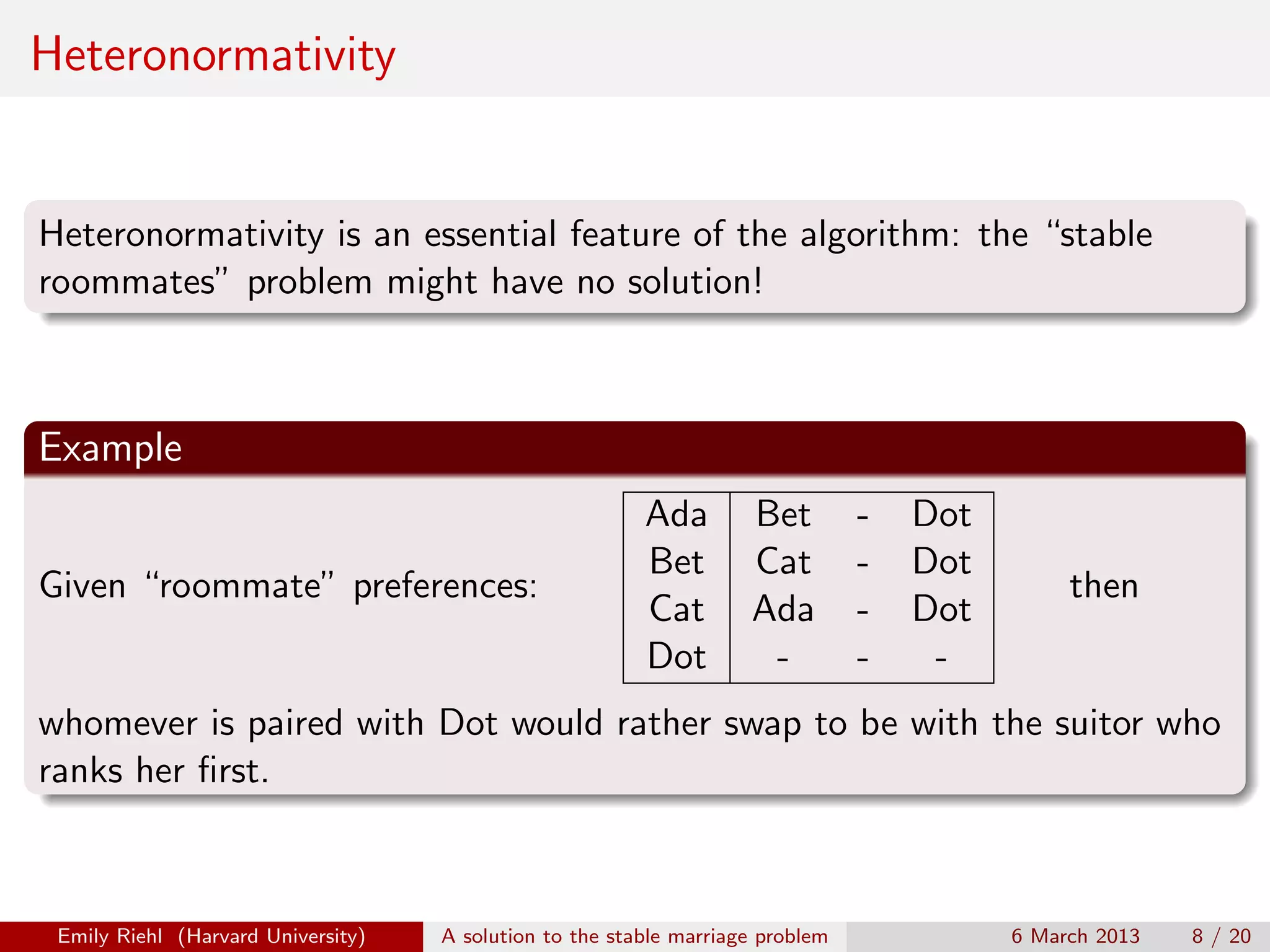 Heteronormativity

Heteronormativity is an essential feature of the algorithm: the “stable
roommates” problem might have no solution!

Example
Given “roommate” preferences:

Ada
Bet
Cat
Dot

Bet
Cat
Ada
-

-

Dot
Dot
Dot
-

then

whomever is paired with Dot would rather swap to be with the suitor who
ranks her ﬁrst.

Emily Riehl (Harvard University)

A solution to the stable marriage problem

6 March 2013

8 / 20

 