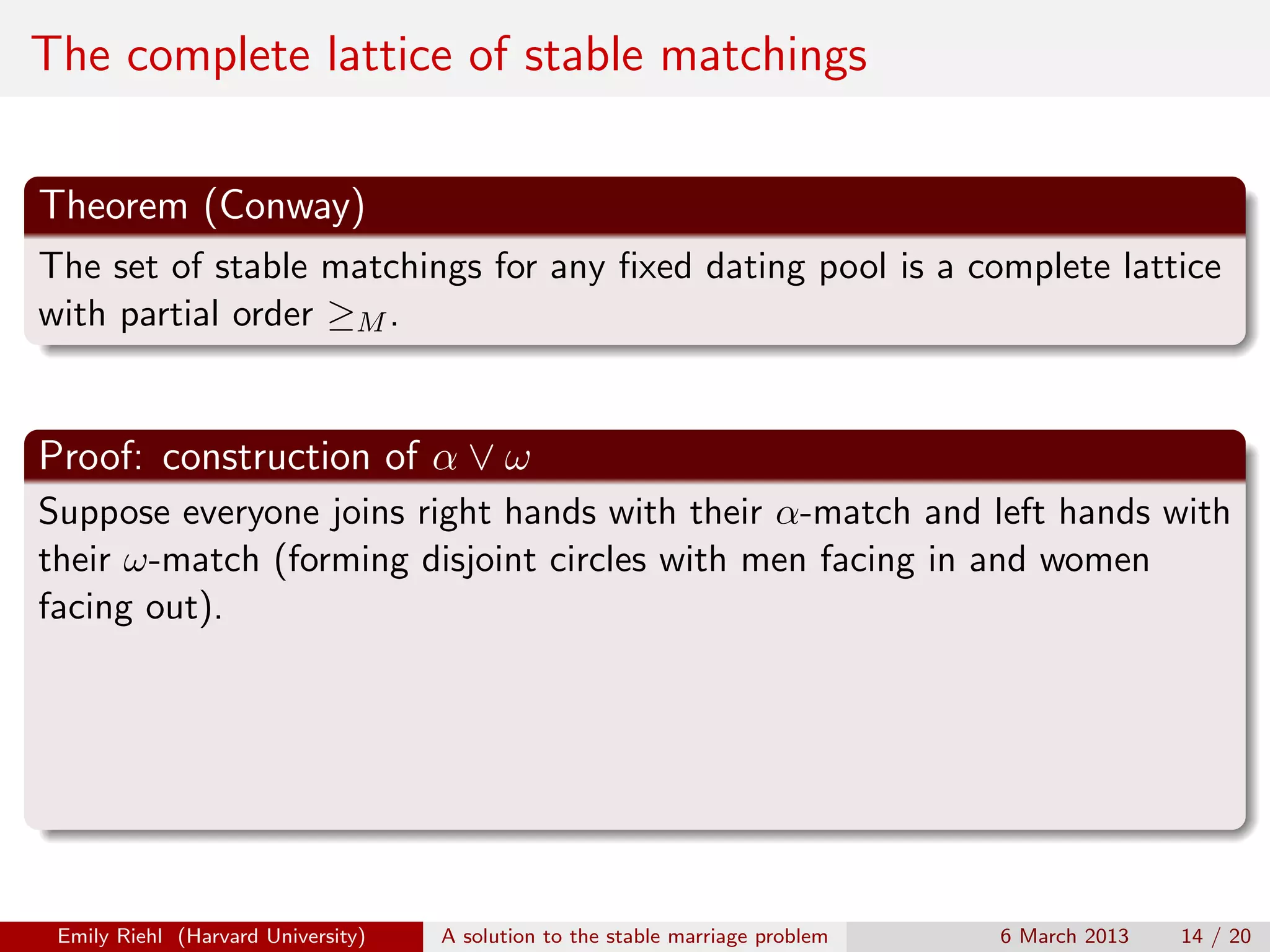 The complete lattice of stable matchings
Theorem (Conway)
The set of stable matchings for any ﬁxed dating pool is a complete lattice
with partial order ≥M .

Proof: construction of α ∨ ω
Suppose everyone joins right hands with their α-match and left hands with
their ω-match (forming disjoint circles with men facing in and women
facing out).

Emily Riehl (Harvard University)

A solution to the stable marriage problem

6 March 2013

14 / 20

 
