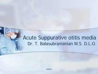 Acute Suppurative otitis media
 Dr. T. Balasubramanian M.S. D.L.O.




          drtbalu
 