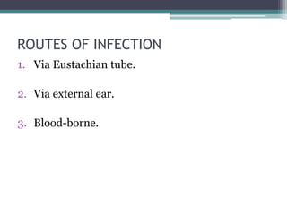 ROUTES OF INFECTION 
1. Via Eustachian tube. 
2. Via external ear. 
3. Blood-borne. 
 