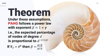 RUNDO 11
TheoremUnder these assumptions,
PAHG follows a power law
with exponent 𝛽𝛽 = 1 + 𝜸𝜸
i.e., the expected percentage
of nodes of degree 𝑑𝑑
is proportional to 𝑑𝑑− 1+𝜸𝜸
If 𝒀𝒀𝒕𝒕 = 𝒕𝒕𝜶𝜶
then 𝛽𝛽 =
𝜶𝜶+𝟐𝟐
𝜶𝜶+𝟏𝟏
 