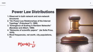 RUNDO 6
P[x=k]~
𝟏𝟏
𝒌𝒌𝜷𝜷
Power Law Distributions
1. Observed in both network and non-network
structures
2. “On Power-Law Relationships of the Internet
Topology” (Faloutsos^3, 1999)
3. “Emergence of Scaling in Random Networks”
(Barabási and Albert, 1999)
4. “Networks of scientific papers” (de Solla Price,
1976).
5. Word frequencies, net worth, city populations,
etc.
 