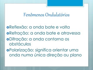 Fenômenos Ondulatórios 
Reflexão: a onda bate e volta 
Refração: a onda bate e atravessa 
Difração: a onda contorna os 
obstáculos 
Polarização: significa orientar uma 
onda numa única direção ou plano 
 