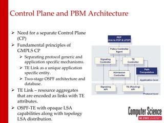 Control Plane and PBM Architecture Need for a separate Control Plane (CP) Fundamental principles of GMPLS CP Separating protocol generic and application specific mechanisms. TE Link as a unique application specific entity. Two-stage OSPF architecture and database. TE Link – resource aggregates that are encoded as links with TE attributes. OSPF-TE with opaque LSA capabilities along with topology LSA distribution. 
