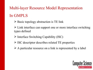 Multi-layer Resource Model Representation In GMPLS Basic topology abstraction is TE link Link interface can support one or more interface switching types defined Interface Switching Capability (ISC) ISC descriptor describes related TE properties A particular resource on a link is represented by a label 