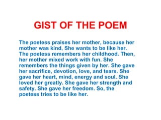 GIST OF THE POEM
The poetess praises her mother, because her
mother was kind, She wants to be like her.
The poetess remembers her childhood. Then,
her mother mixed work with fun. She
remembers the things given by her. She gave
her sacrifice, devotion, love, and tears. She
gave her heart, mind, energy and soul. She
loved her greatly. She gave her strength and
safety. She gave her freedom. So, the
poetess tries to be like her.
 