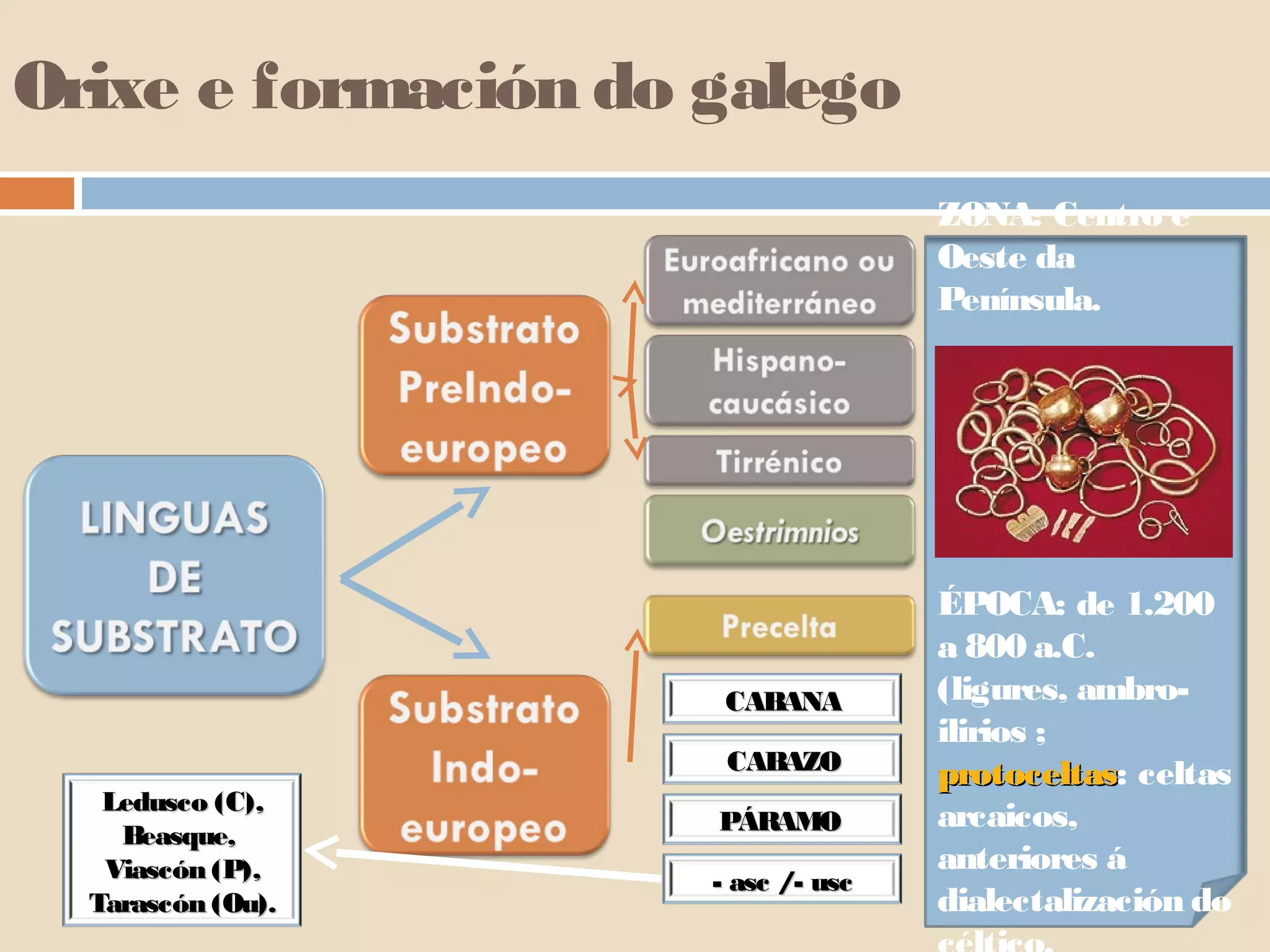 Orixe e formación do galego 
ZONA: Centro e 
Oeste da 
Península. 
Tesouro de Caldas 
ÉPOCA: de 1.200 
a 800 a.C. 
(ligures, ambro-ilirios 
; 
pprroottoocceellttaass: celtas 
arcaicos, 
anteriores á 
dialectalización do 
céltico. 
CCAABBAANNAA 
CCAABBAAZZOO 
PPÁÁRRAAMMOO 
-- aasscc / -- uusscc 
LLeedduussccoo ((CC)),, 
BBeeaassqquuee,, 
VViiaassccóónn ((PP)),, 
TTaarraassccóónn ((OOuu)).. 
 