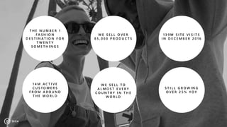2016 confidential
T H E N U M B E R 1
F A S H I O N
D E S T I N AT I O N F O R
T W E N T Y
S O M E T H I N G S
W E S E L L O V E R
8 5 , 0 0 0 P R O D U C T S
1 3 9 M S I T E V I S I T S
I N D E C E M B E R 2 0 1 6
1 4 M A C T I V E
C U S T O M E R S
F R O M A R O U N D
T H E W O R L D
W E S E L L T O
A L M O S T E V E R Y
C O U N T R Y I N T H E
W O R L D
S T I L L G R O W I N G
O V E R 2 5 % Y O Y
 