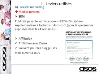 II. Leviers utilisés
A) Leviers marketing
Medias payants
 SEM
Publicité payante sur Facebook = 130% d’incitation
supplémentaire à l’achat sur Asos.com (pour les personnes
exposées dans les 4 semaines)
 Affiliation
 Affiliation avec Zanox
 Souvent pour les bloggeuses
mais ouvert à tous
 