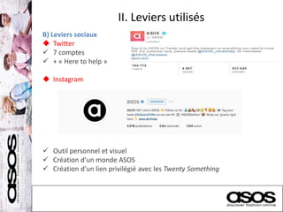 II. Leviers utilisés
B) Leviers sociaux
 Twitter
 7 comptes
 + « Here to help »
 Instagram
 Outil personnel et visuel
 Création d’un monde ASOS
 Création d’un lien privilégié avec les Twenty Something
 