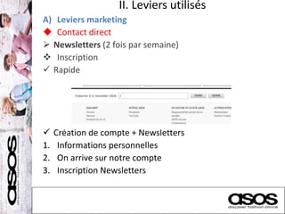 II. Leviers utilisés
A) Leviers marketing
 Contact direct
 Newsletters (2 fois par semaine)
 Inscription
 Rapide
 Création de compte + Newsletters
1. Informations personnelles
2. On arrive sur notre compte
3. Inscription Newsletters
 
