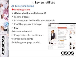 II. Leviers utilisés
A) Leviers marketing
Medias gratuits
 Géolocalisation de l’adresse IP
 Facilité d’accès
 Pratique pour la clientèle internationale
 Profil budgétaire très large
 SEO
Bonne indexation
Progression plus rapide sur
techniques de pointe
 Balisage sur page produit
 