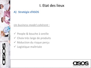 I. Etat des lieux
A) Stratégie d’ASOS
Un business model cohérent :
 People & bouche à oreille
 Choix très large de produits
 Réduction du risque perçu
 Logistique maîtrisée
 
